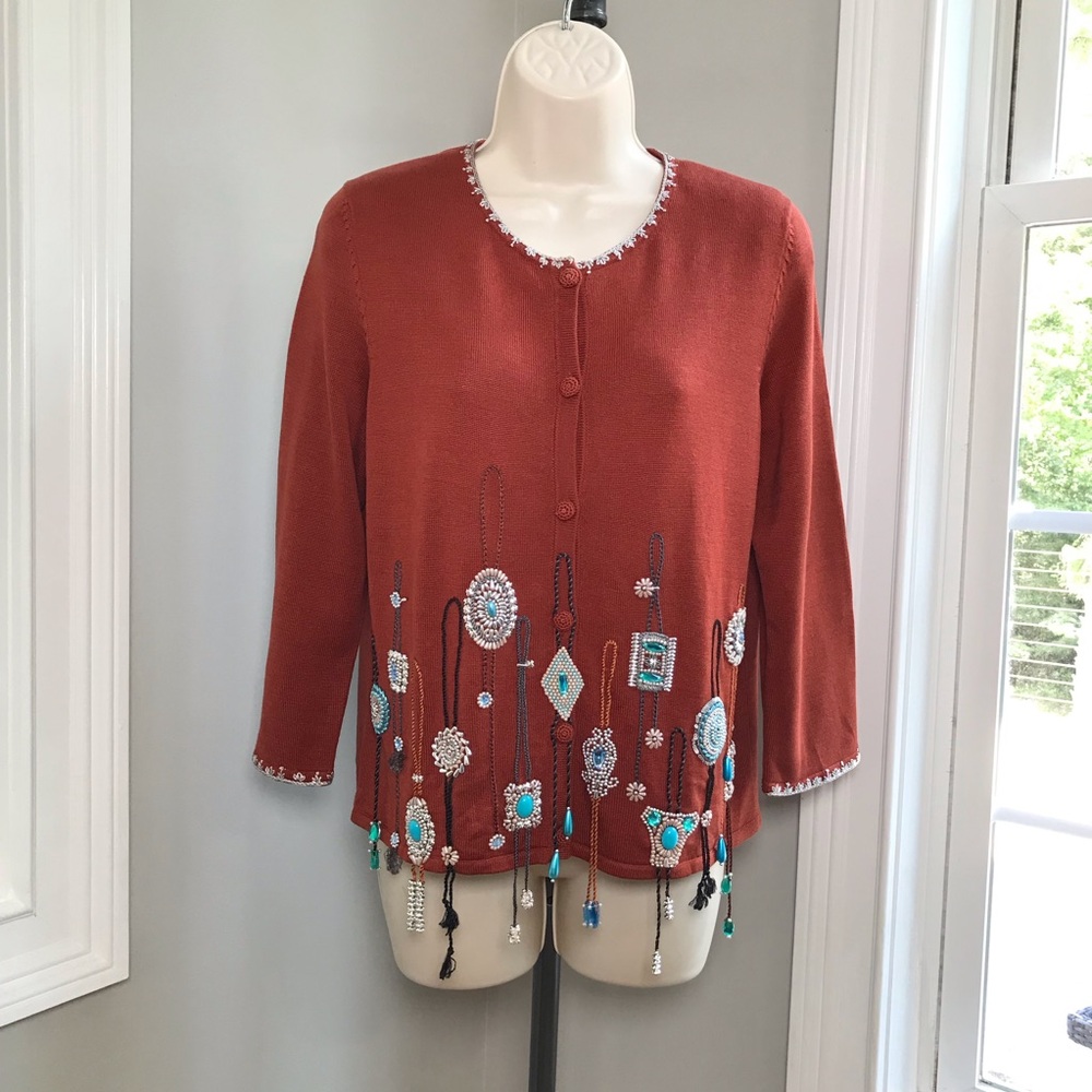 Michael Simon Turquoise & Silver Bolo Tie Cardigan Sweater ~ Women’s Small